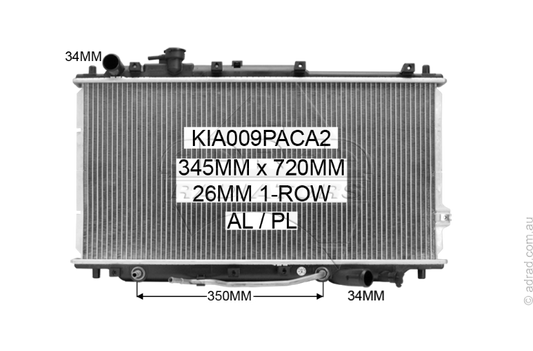 RADIATOR - Kia Carens '00-02 1.8ltr 4cyl & Kia Mentor '98-00 1.5/1.8ltr 4cyl & Kia Spectra '01-04 1.8ltr 4cyl & Kia Shuma '00-01 1.8ltr 4cyl